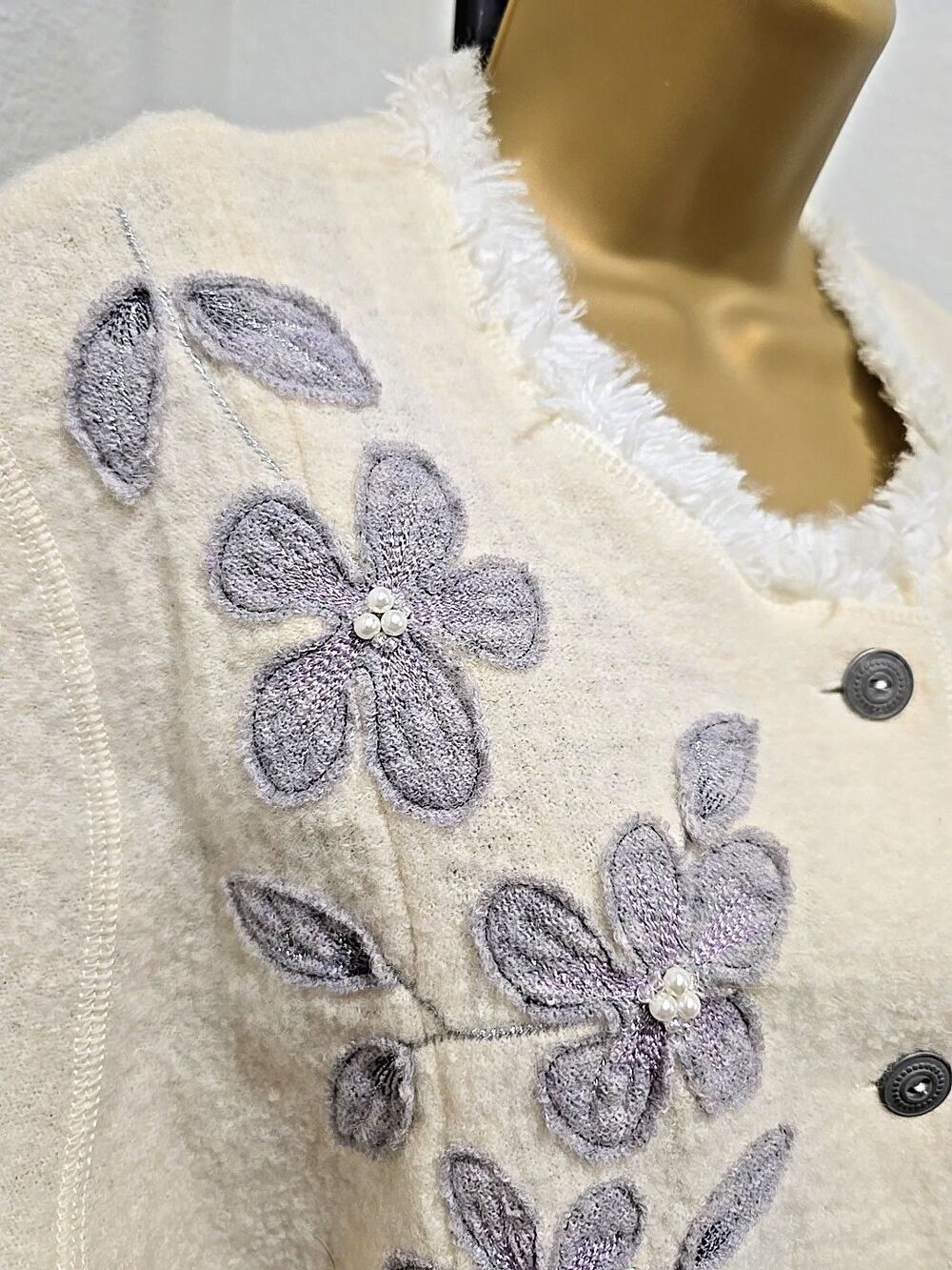 Alfred Dunner Wool Embroidered Floral Jacket Cardigan Large Fringe Ivory Cottage